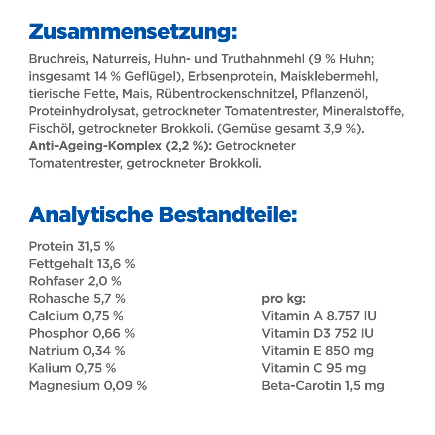 Hill's Vet Essentials Multi-Benefit + Senior Health Mature Adult 7+ Katzenfutter mit Huhn Zusammensetzung udn Analytische Bestandteile