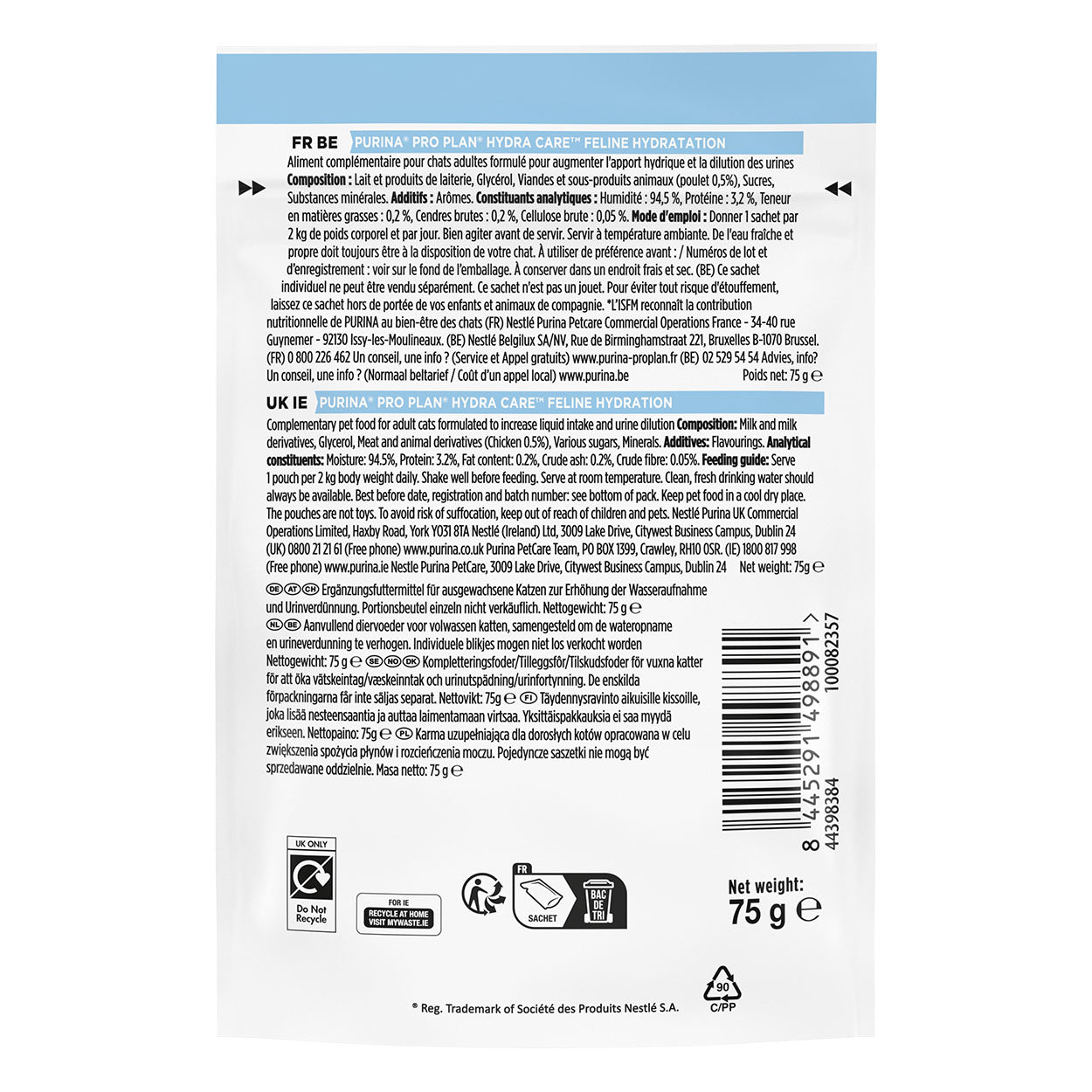 Purina HC Hydra Care Katze - Beutel - Purina Veterinary Diets 85g - Rückseite Produktbeschreibung
