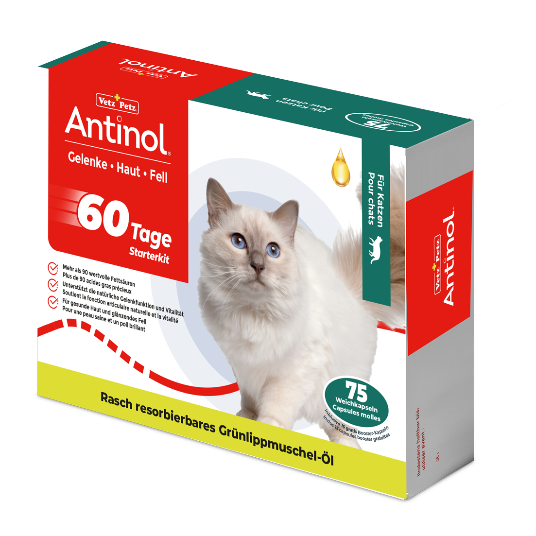 Antinol Starterkit für Katzen, unterstützt Gelenge, Haut und Fell - 75 Weichkapseln