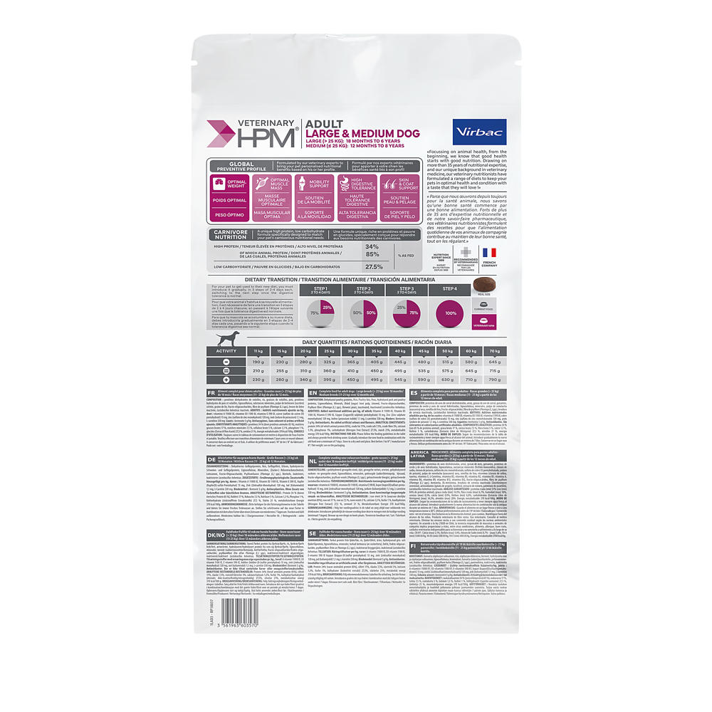 Virbac Dog Adult Large & Medium Trockenfutter 3kg 12kg Rückseite