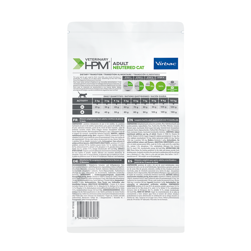 Virbac Adult Cat Neutered Trockenfutter 1.5kg 3kg 7kg 12kg Rückseite