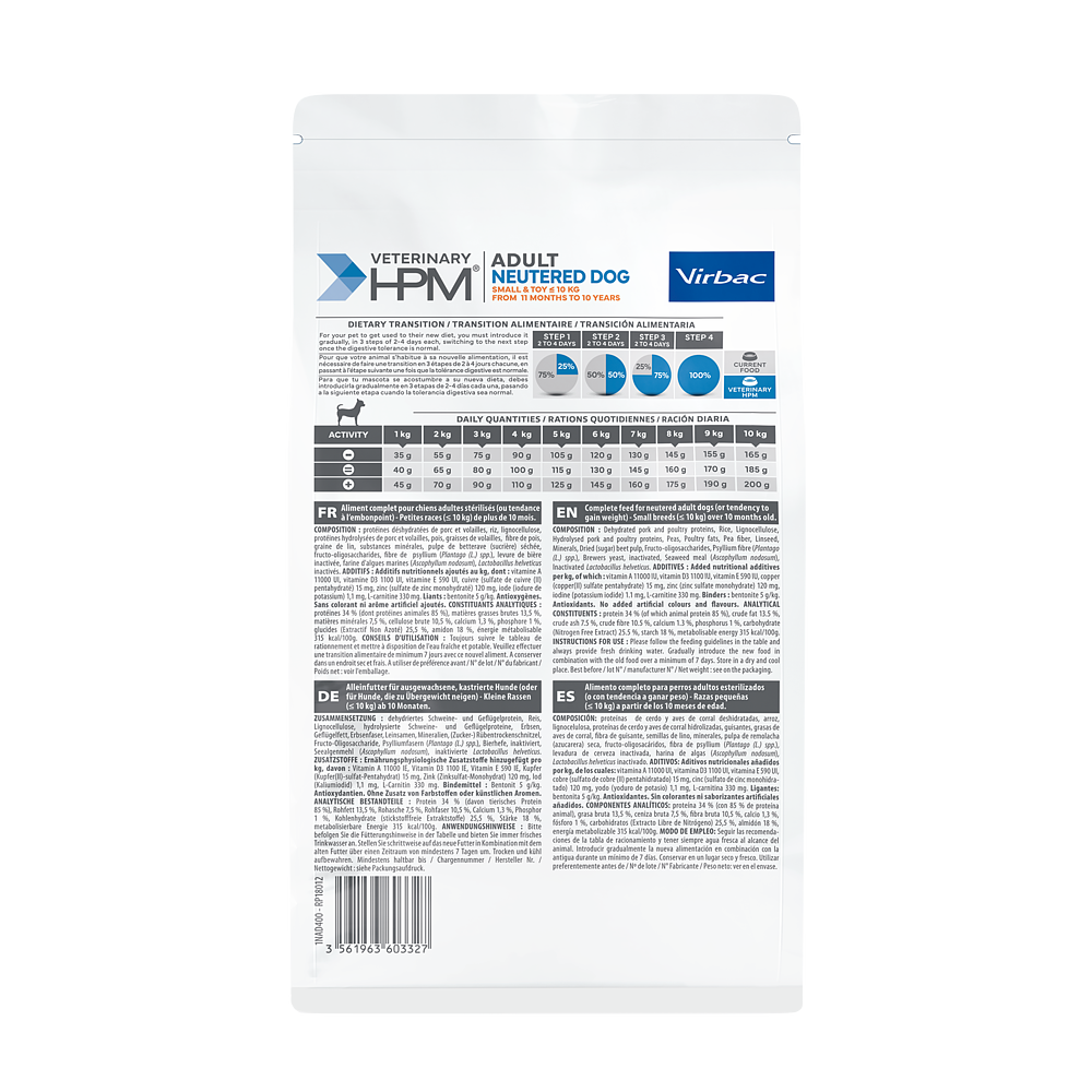 Virbac Dog Adult Small & Toy Neutered 3kg, 4kg Hund Rückseite