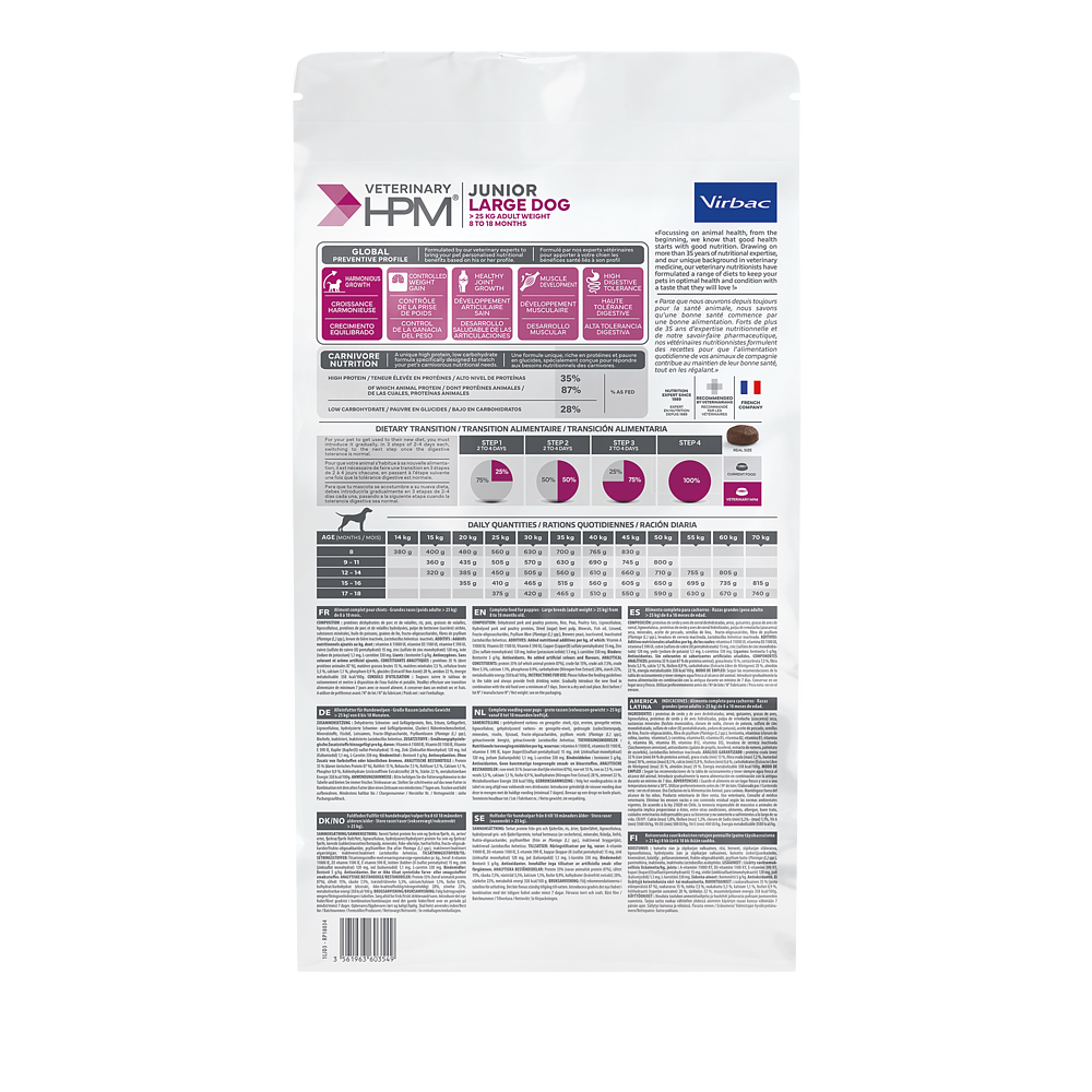 Virbac Dog Junior Large Trockenfutter 3kg 12kg Rückseite