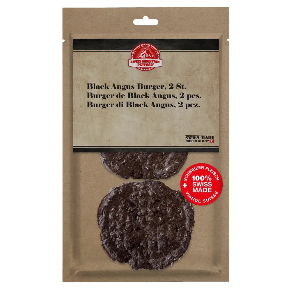 Black Angus Burger 2er Pack - Hund - Swiss Mountain Petfood - Marigin AG Onlineshop für Tierbedarf Black Angus Burger 2er Pack - Hund - 1 x 80 g Kauartikel