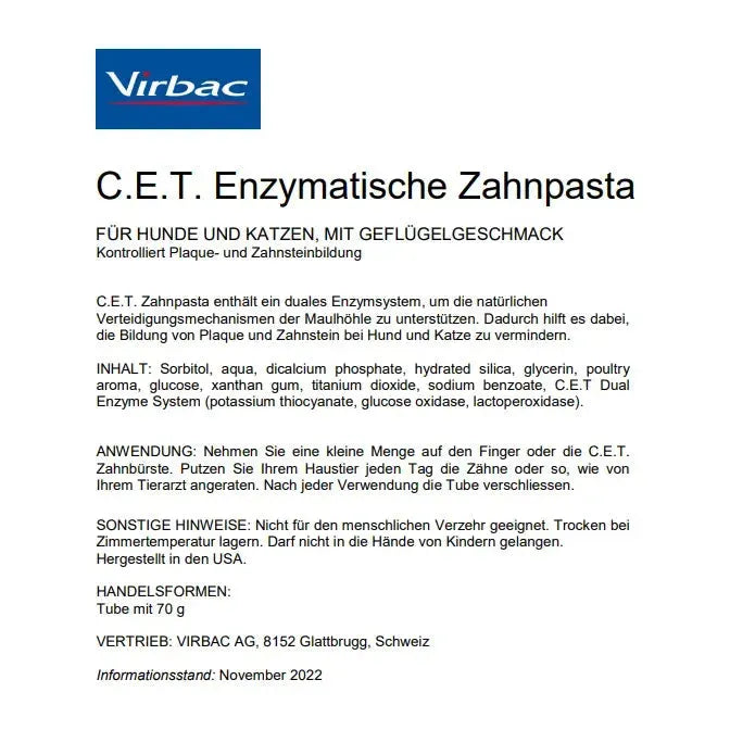 C.E.T. Enzymatische Zahnpasta - Virbac - Marigin AG Onlineshop für Tierbedarf C.E.T. Enzymatische Zahnpasta - Geflügel / 70g Ergänzungsfuttermittel
