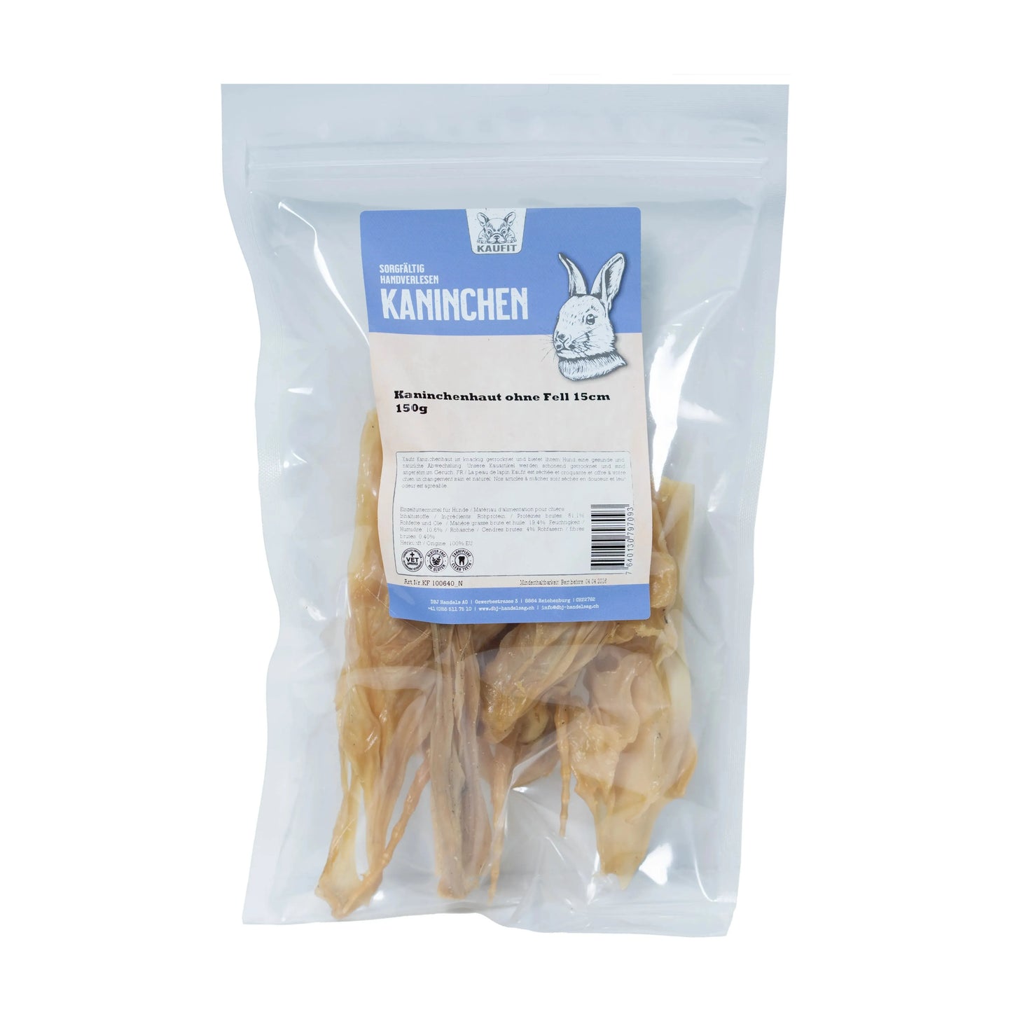 Kaninchenhaut - Hund - Kaufit - Marigin AG Onlineshop für Tierbedarf Kaninchenhaut - Hund - Mit Fell / 1 x 150 g / 15 cm Kauartikel