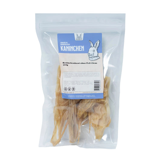 Kaninchenhaut - Hund - Kaufit - Marigin AG Onlineshop für Tierbedarf Kaninchenhaut - Hund - Mit Fell / 1 x 150 g / 15 cm Kauartikel