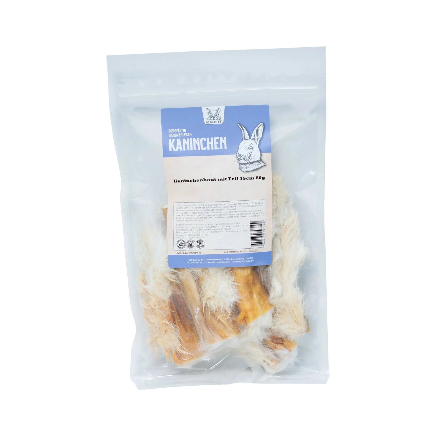 Kaninchenhaut - Hund - Kaufit - Marigin AG Onlineshop für Tierbedarf Kaninchenhaut - Hund - Mit Fell / 1 x 150 g / 15 cm Kauartikel
