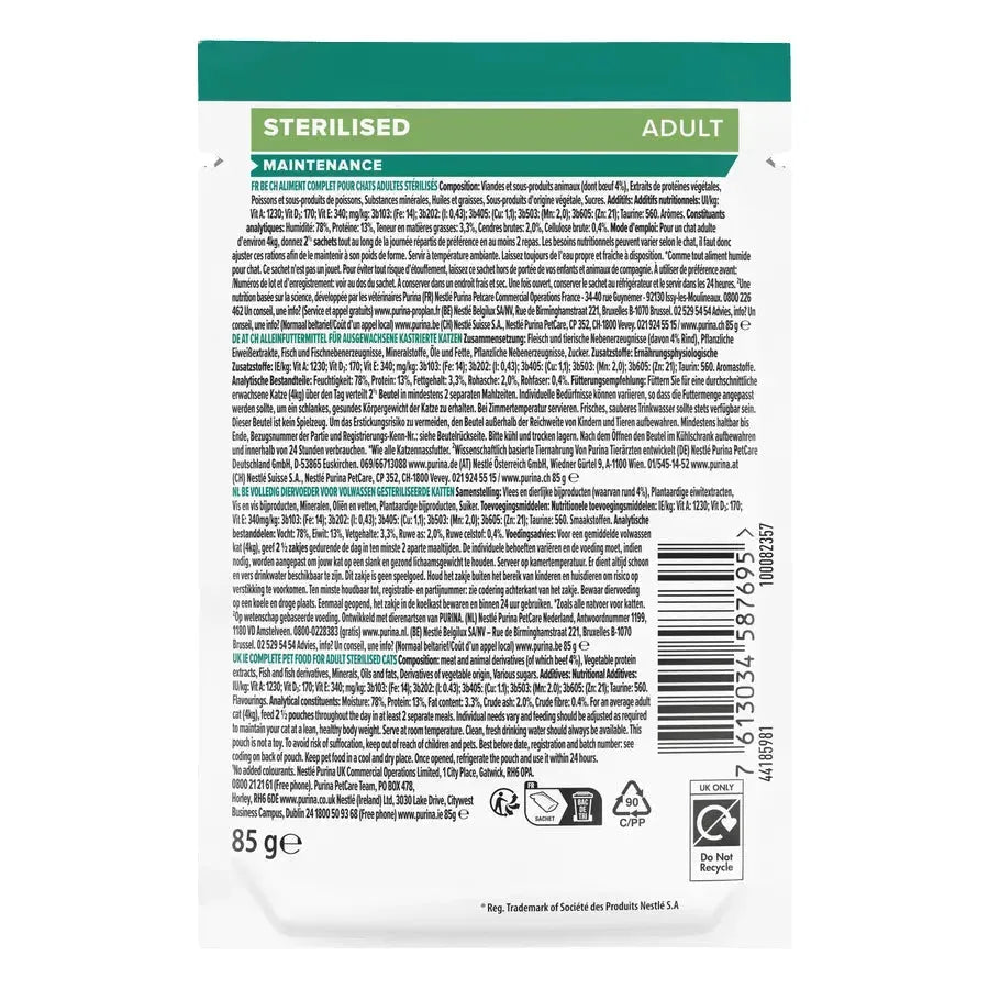 Purina Sterilised Maintenance Adult Katze - Beutel/Rind - Purina ProPlan - Marigin AG Onlineshop für Tierbedarf Purina Sterilised Maintenance Adult Katze - Beutel/Rind - Rind / 10 x 85g Futter