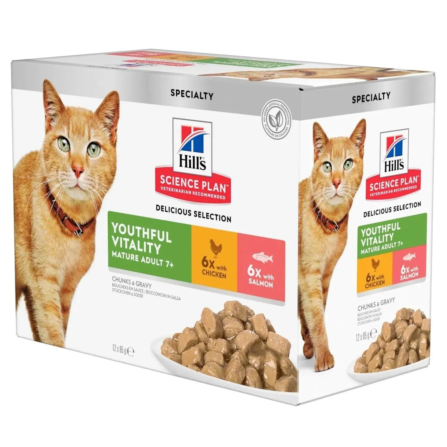Hill's Senior Vitality Mature Adult 7+ Katze - Beutel - Hill's Science Plan - Marigin AG Onlineshop für Tierbedarf Hill's Senior Vitality Mature Adult 7+ Katze - Beutel - Mixed (6x Huhn/ 6x Lachs) 4 Karton Futter