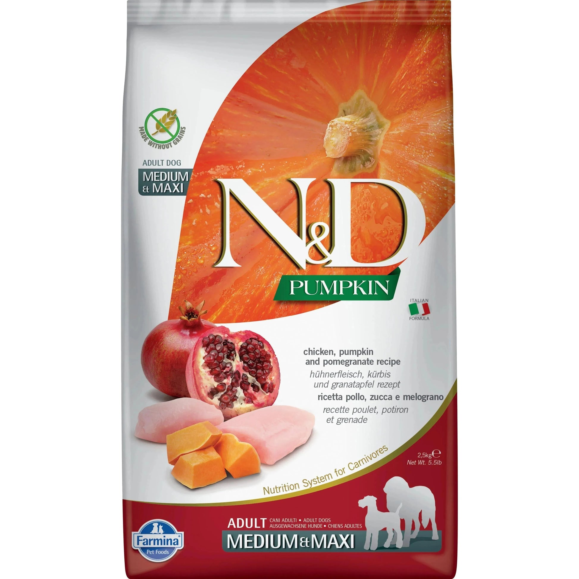 N&D Pumpkin Hund Adult Medium/Maxi - Farmina - Marigin AG Onlineshop für Tierbedarf N&D Pumpkin Hund Adult Medium/Maxi - 2.5kg / Huhn, Kürbis & Granatapfel Futter