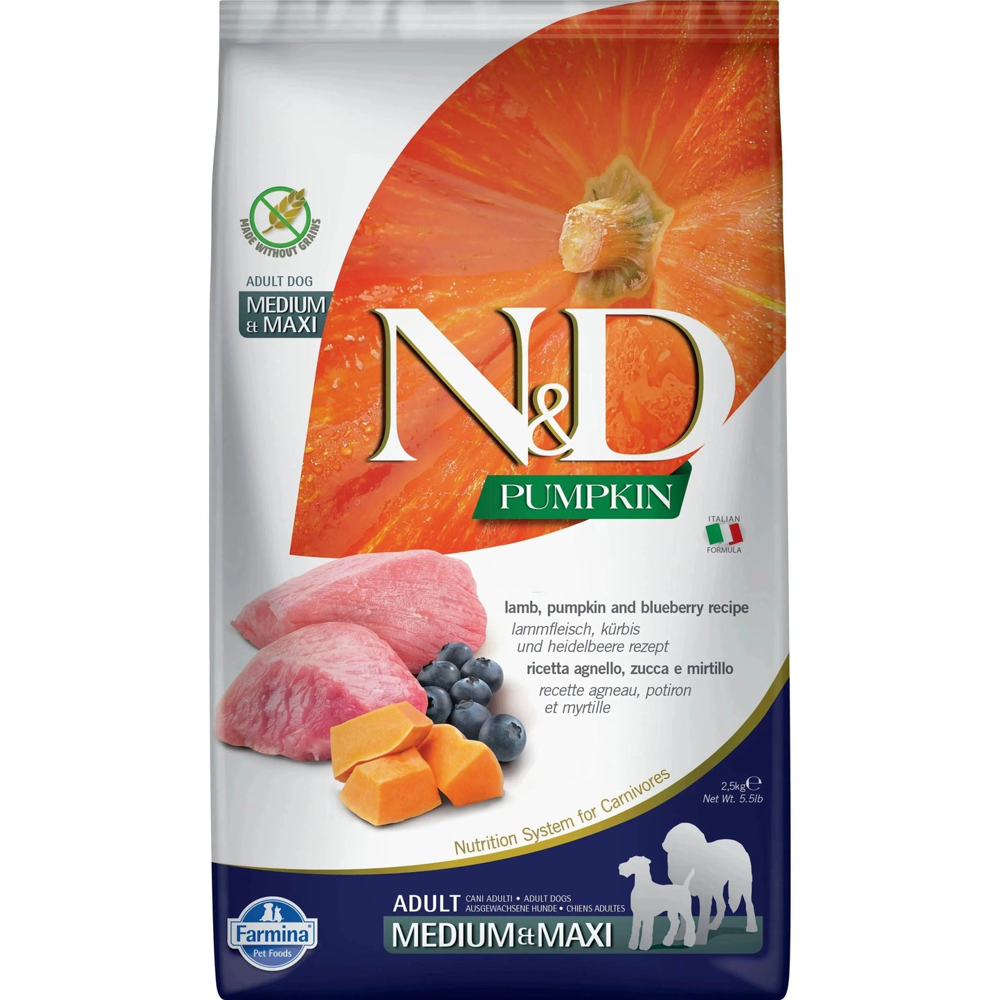 N&D Pumpkin Hund Adult Medium/Maxi - Farmina - Marigin AG Onlineshop für Tierbedarf N&D Pumpkin Hund Adult Medium/Maxi - 2.5kg / Lamm, Kürbis & Heidelbeere Futter