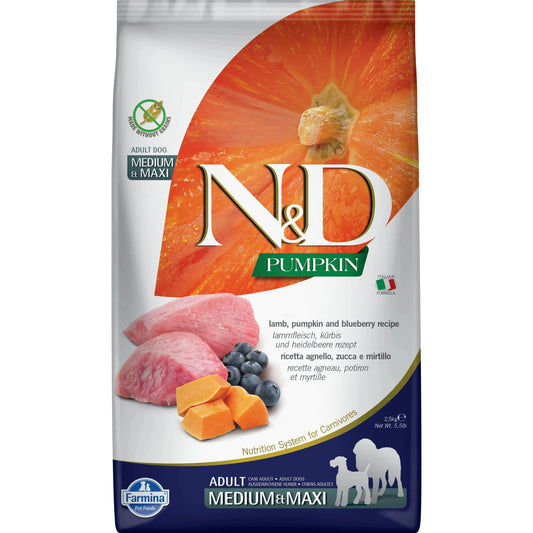 N&D Pumpkin Hund Adult Medium/Maxi - Farmina - Marigin AG Onlineshop für Tierbedarf N&D Pumpkin Hund Adult Medium/Maxi - 2.5kg / Lamm, Kürbis & Heidelbeere Futter