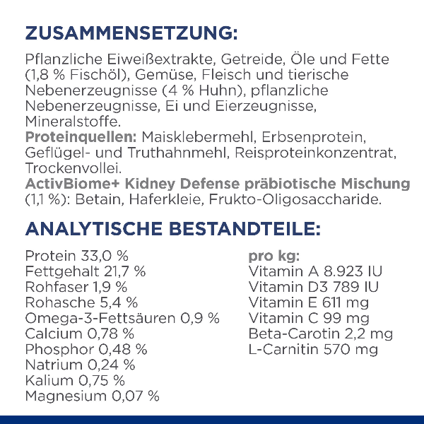 Hill's Prescription Diet k/d Early Stage Katzen Trockenfutter Zusammensetzung Analytische Bestandteile