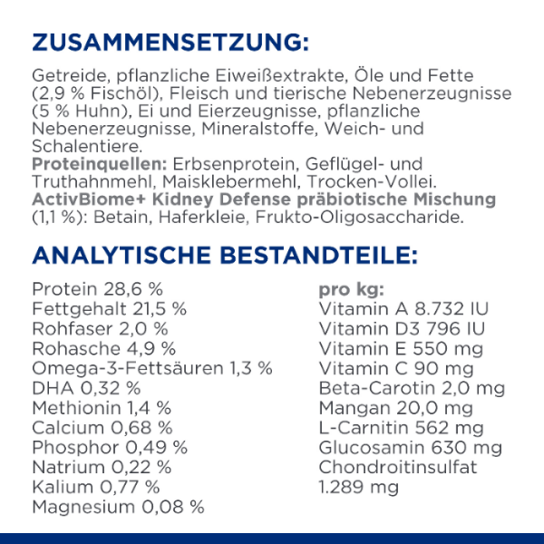 Hill's Prescription Diet k/d + Mobility Trockenfutter für Katzen Zusammensetzung Analytische Bestandteile