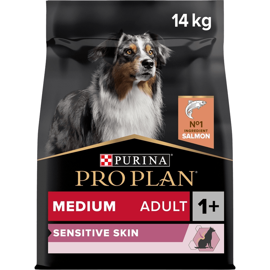 PURINA PRO PLAN DOG Medium Adult Sensitive Skin Trockenfutter mit OPTIDERMA, entwickelt für mittelgroße erwachsene Hunde mit sensibler Haut, enthält Lachs und ausgewählte Proteinquellen zur Unterstützung gesunder Haut und Gelenke - Marigin AG Onlineshop für Tierbedarf.