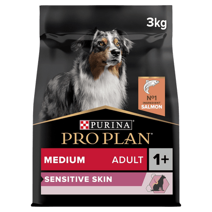 PURINA PRO PLAN DOG Medium Adult Sensitive Skin Trockenfutter mit OPTIDERMA, entwickelt für mittelgroße erwachsene Hunde mit sensibler Haut, enthält Lachs und ausgewählte Proteinquellen zur Unterstützung gesunder Haut und Gelenke - Marigin AG Onlineshop für Tierbedarf.