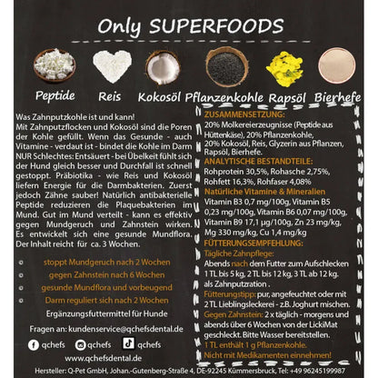 Qchefs Zahnputzkohle Hund für saubere Zähne und gesunden, Darm Inhaltsstoffe