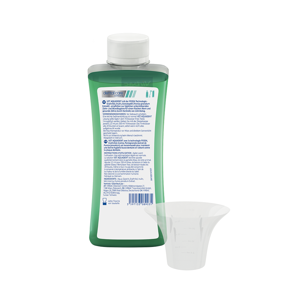 Virbac Vet Aquadent 250 ml für Hunde und Katzen Rückseite