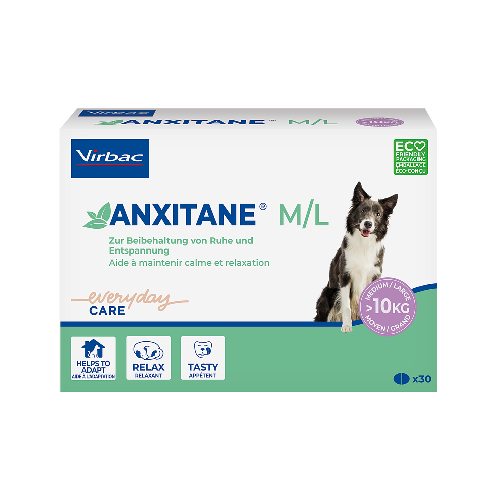 Virbac Anxitane M/L für Hunde ab 10 Kilo reduziert stress- und angstbedingte Reaktionen - 30 Tabletten