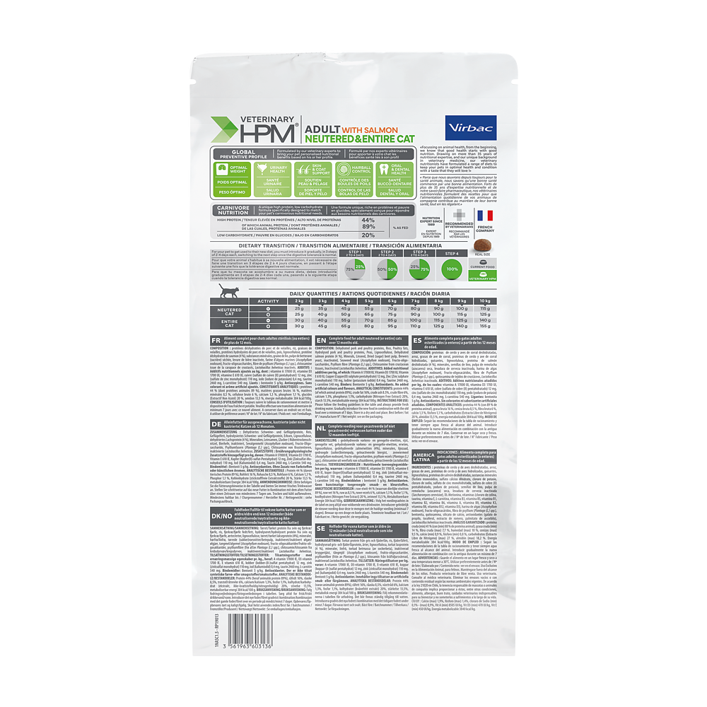 Virbac Cat Adult Neutered & Entire Salmon, 1,5 kg 3 kg 7 kg 12 kg - Trockenfutter - Rückseite