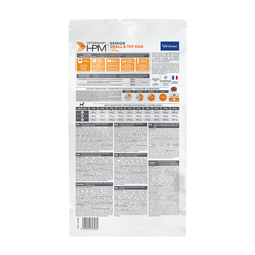 Virbac Senior Dog Small & Toy Trockenfutter 1.5kg 3kg 7kg Rückseite