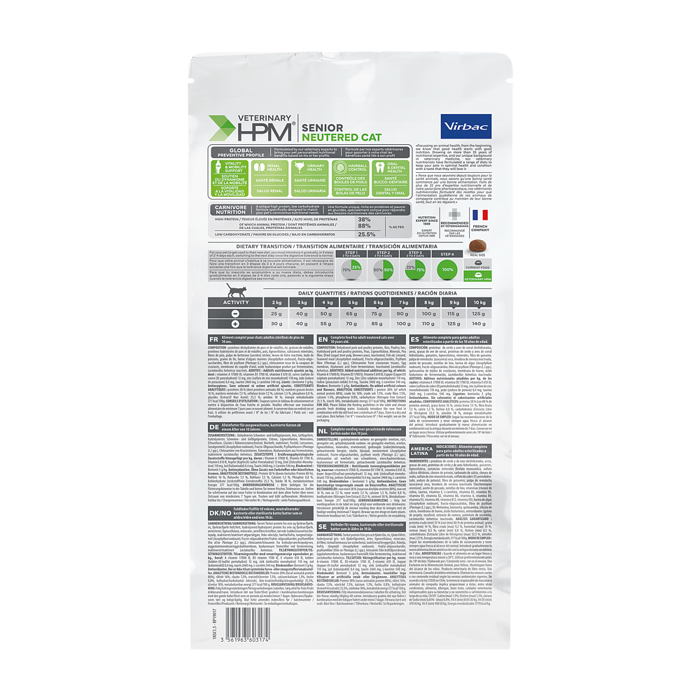 Virbac Cat Senior Neutered Trockenfutter 1,5 kg 3 kg 7 kg - Rückseite