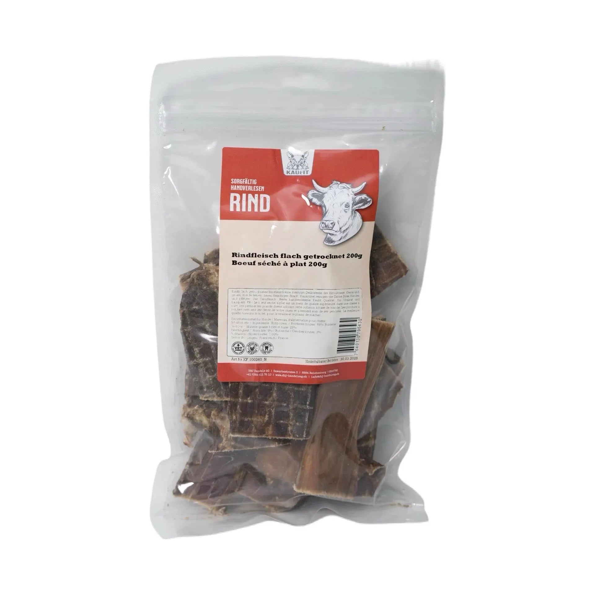 Rindfleisch flach getrocknet - Hund - Kaufit - Marigin AG Onlineshop für Tierbedarf Rindfleisch flach getrocknet - Hund - 200g Kauartikel