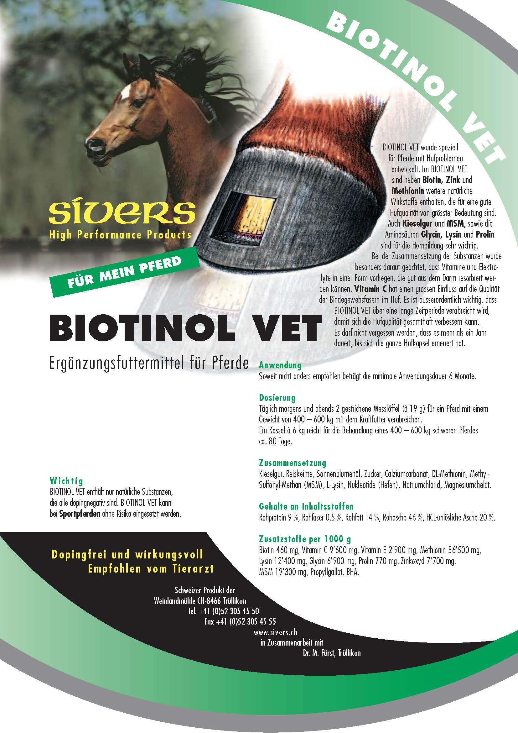 Biotinol Vet - Sivers - Darreichungsform:Pulver, Ergänzungsfuttermittel:Huf, Hersteller:Sivers, Tierart:Pferd - Marigin AG Onlineshop für Tierbedarf