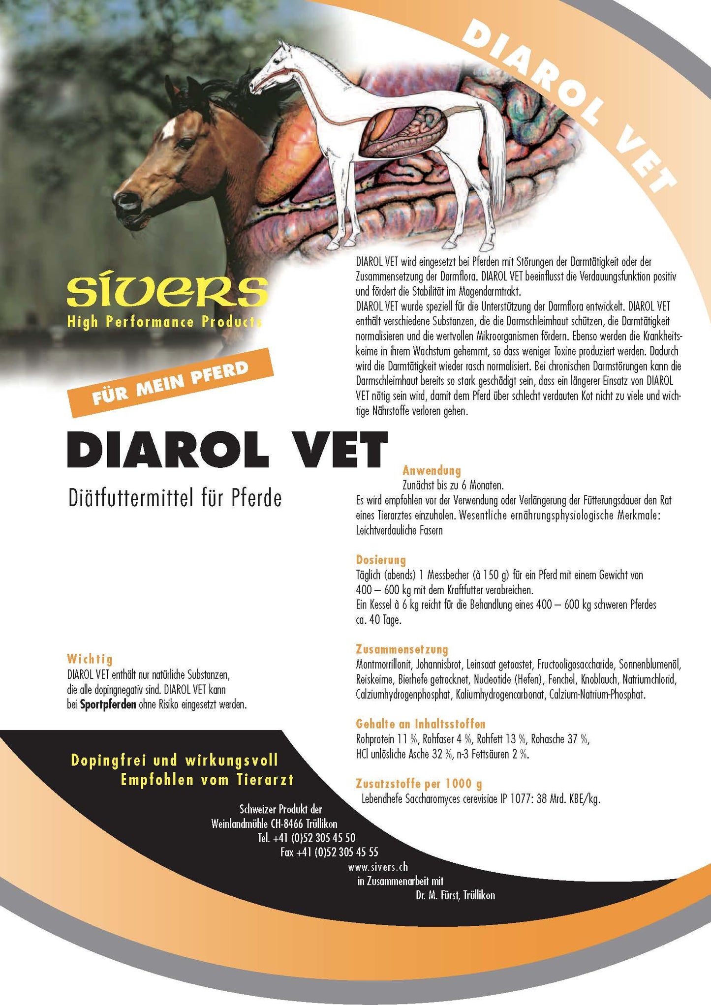 Diarol Vet - Sivers - Darreichungsform:Pulver, Ergänzungsfuttermittel:Verdauung, Tierart:Pferd - Marigin AG Onlineshop für Tierbedarf