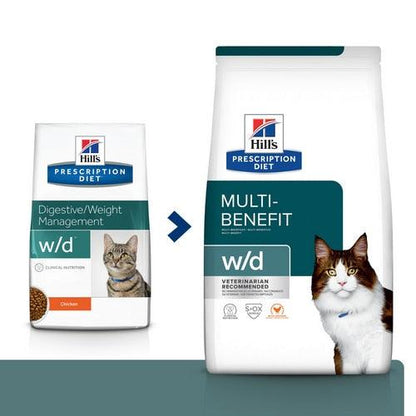 Feline w/d Multi-Benefit - Hill's Prescription Diet - Alter:Adult, Alter:Senior, Erkrankung:Diabetes, Erkrankung:Magen-Darm, Erkrankung:Übergewicht, Futterart:Trocken, Geschmack:Huhn, Tierart:Katze - Marigin AG Onlineshop für Tierbedarf