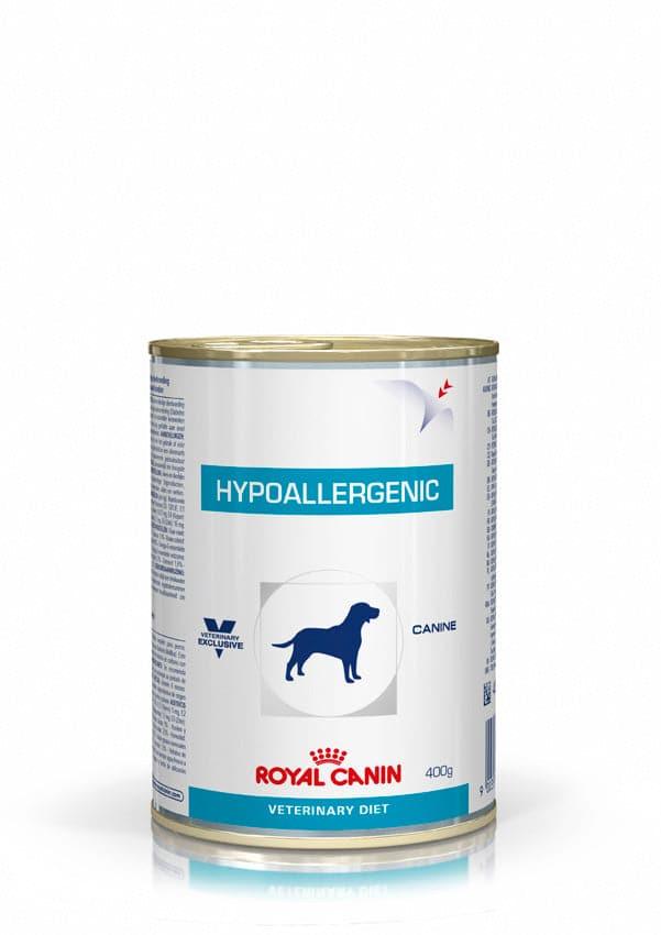 Hypoallergenic Dog Dosen - Royal Canin Veterinary Diet - Alter:Adult, Alter:Senior, Erkrankung:Allergie, Erkrankung:Bauchspeicheldrüse, Erkrankung:Magen-Darm, Futterart:Nass, Geschmack:hydrolysierte Proteinquelle, Tierart:Hund - Marigin AG Onlineshop für Tierbedarf