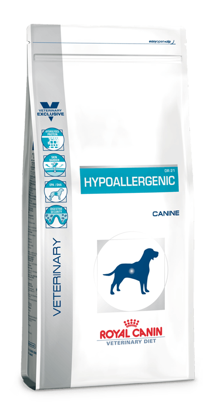 Hypoallergenic Dog - Royal Canin Veterinary Diet - Alter:Adult, Alter:Senior, Erkrankung:Allergie, Erkrankung:Bauchspeicheldrüse, Erkrankung:Magen-Darm, Futterart:Trocken, Geschmack:hydrolysierte Proteinquelle, Tierart:Hund - Marigin AG Onlineshop für Tierbedarf