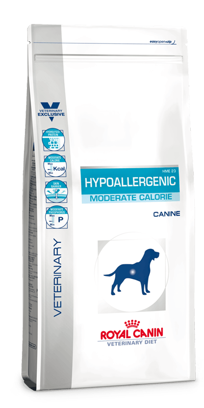 Hypoallergenic Moderate Calorie Dog - Royal Canin Veterinary Diet - Alter:Adult, Alter:Senior, Erkrankung:Allergie, Erkrankung:Bauchspeicheldrüse, Erkrankung:Magen-Darm, Futterart:Trocken, Geschmack:hydrolysierte Proteinquelle, Tierart:Hund - Marigin AG Onlineshop für Tierbedarf