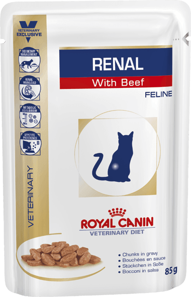 Renal Cat Beutel - Royal Canin Veterinary Diet - Alter:Adult, Alter:Senior, Erkrankung:Harnwege, Erkrankung:Niere, Futterart:Nass, Geschmack:Huhn, Geschmack:Rind, Geschmack:Thunfisch, Tierart:Katze - Marigin AG Onlineshop für Tierbedarf