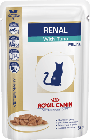 Renal Cat Beutel - Royal Canin Veterinary Diet - Alter:Adult, Alter:Senior, Erkrankung:Harnwege, Erkrankung:Niere, Futterart:Nass, Geschmack:Huhn, Geschmack:Rind, Geschmack:Thunfisch, Tierart:Katze - Marigin AG Onlineshop für Tierbedarf