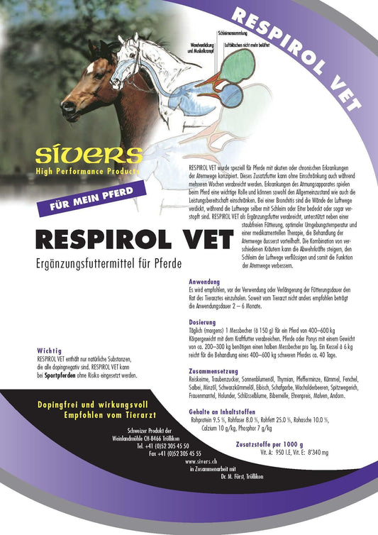 Respirol Vet - Sivers - Darreichungsform:Pulver, Ergänzungsfuttermittel:Atemwege, Tierart:Pferd - Marigin AG Onlineshop für Tierbedarf